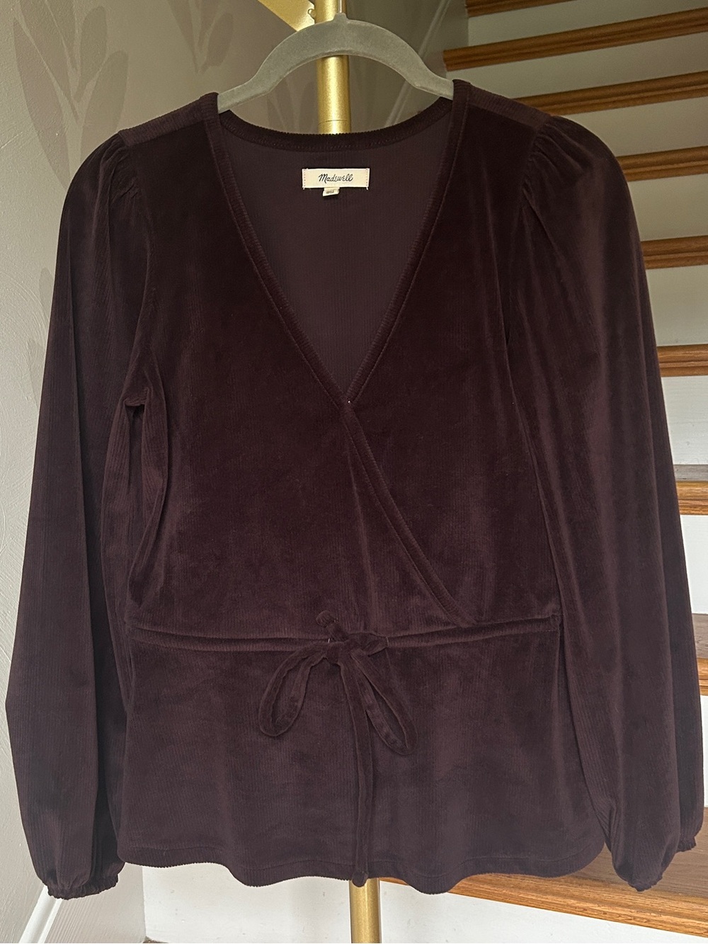 Madewell Plum Velvet Cinch Tie-Waist Long Sleeve Top